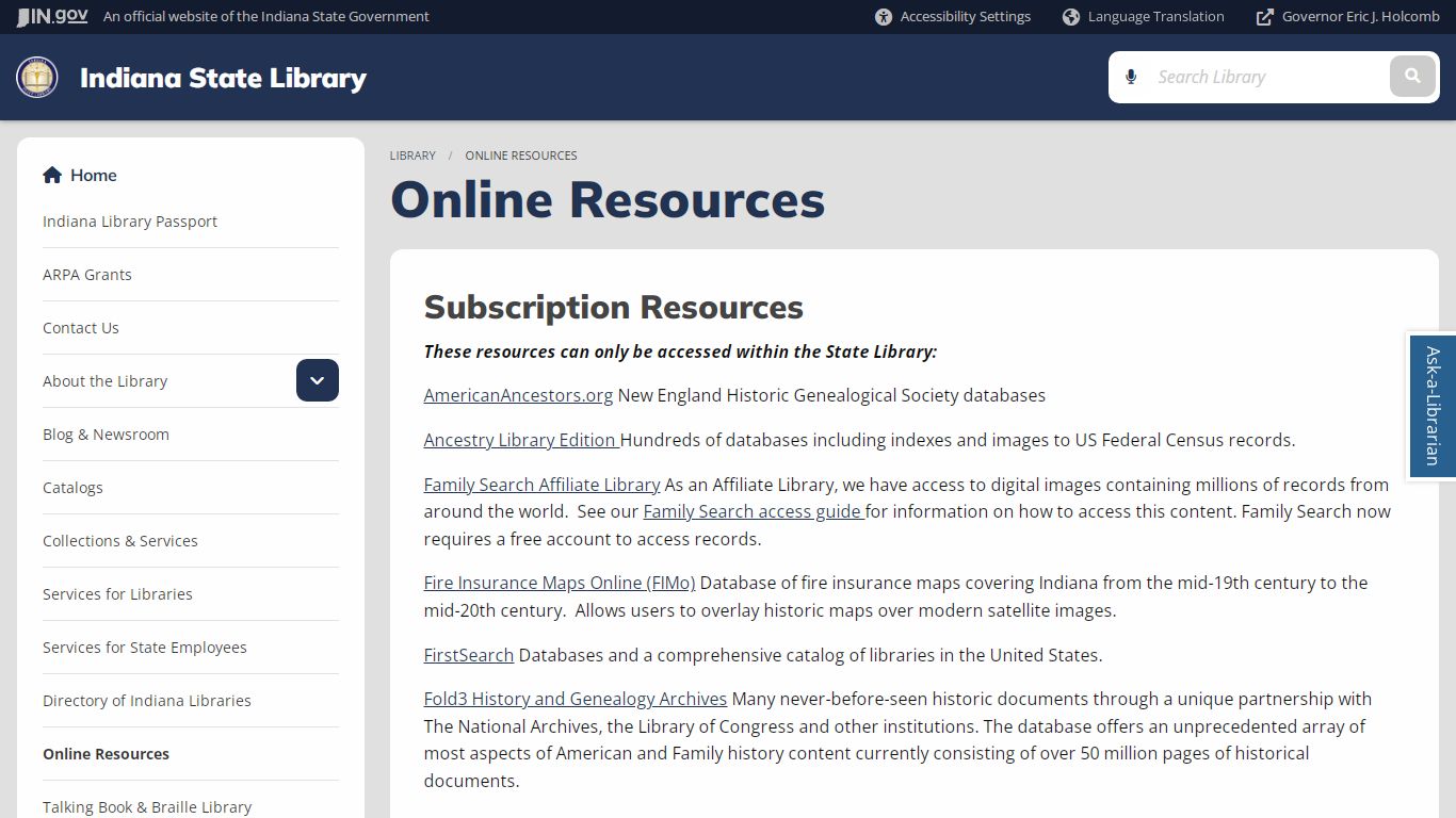 Online Resources - Indiana State Library